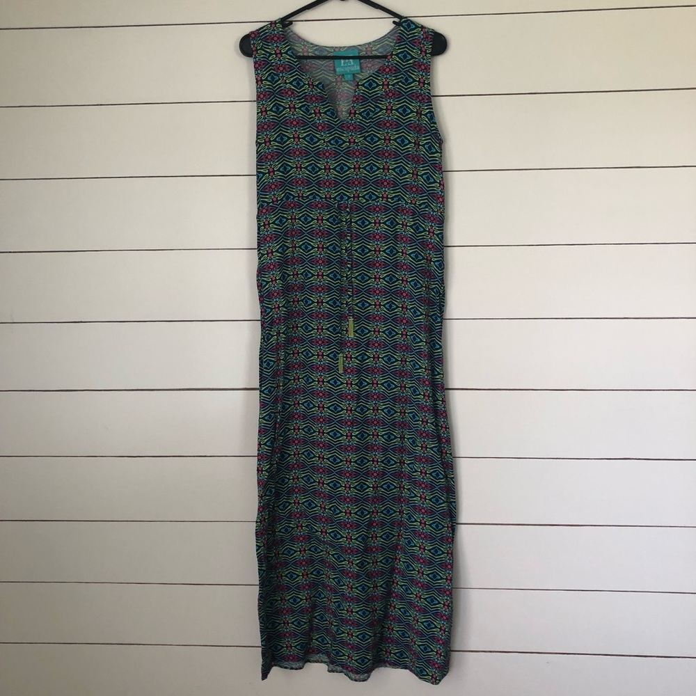 Pink, green, light blue, and navy patterned maxi